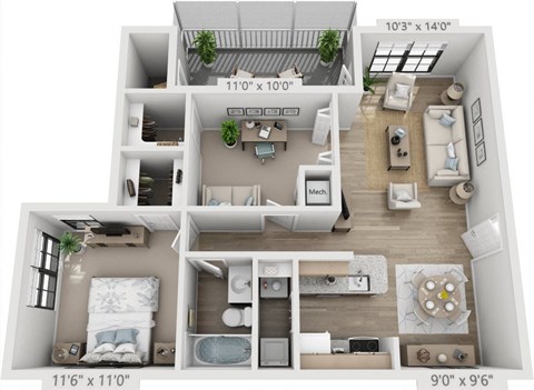 Floor plan for 2 beds, 1 bath, 853 sqft
